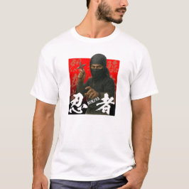 Camiseta Ninja em preto com Kanji e plano de fundo vermelho