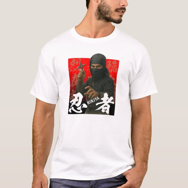 Camiseta Ninja em preto com Kanji e plano de fundo vermelho (Frente)