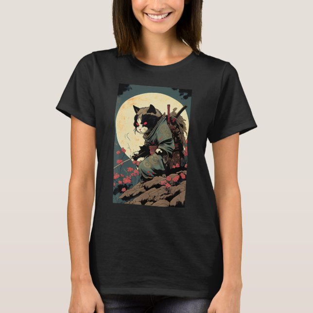 Camiseta Ninja Ukiyo-e Style Samurai Cat (Frente)