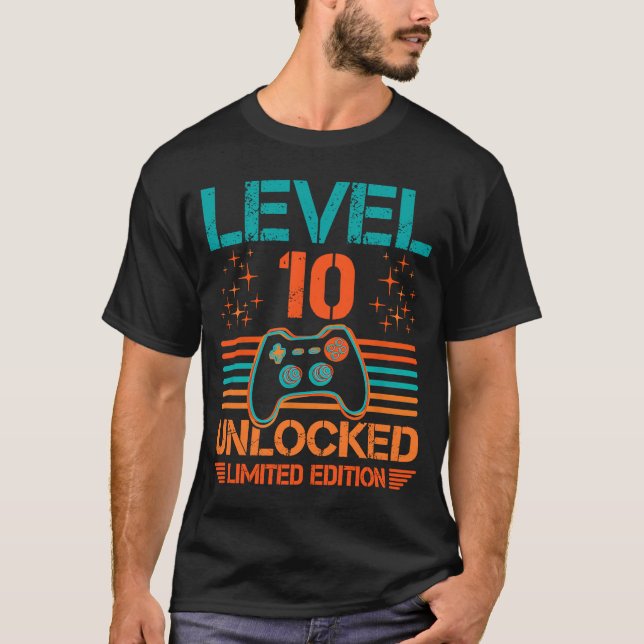 Camiseta Nível 10 Decor de Aniversário do Jogador de Vídeo  (Frente)