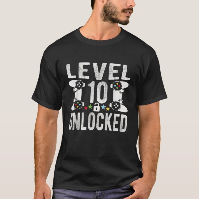 Camiseta Nível 10 Jogo de Vídeo Desbloqueado 10º Aniversári (Frente)