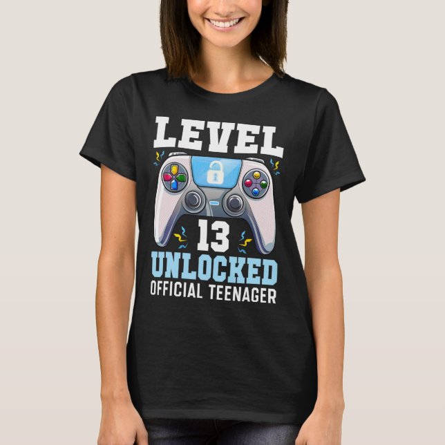 Camiseta Nível 13 13 do jogo de vídeo desbloqueado Aniversá (Frente)