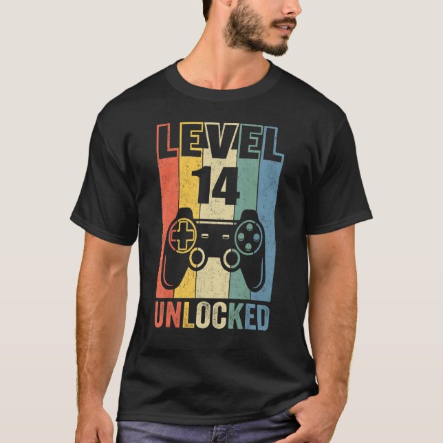 Camiseta Nível 14 14 de jogador de vídeo desbloqueado Anive (Frente)