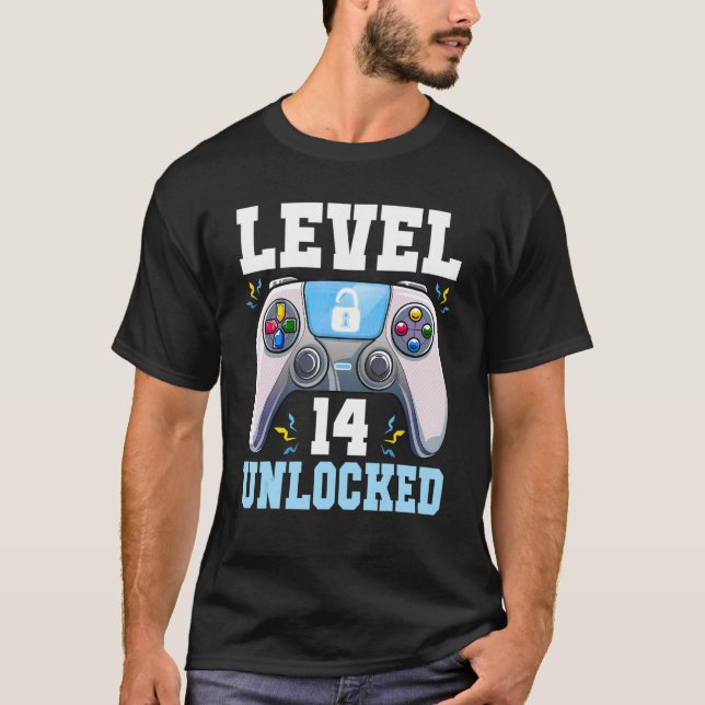 Camiseta Nível 14 14 do jogo de vídeo desbloqueado Aniversá (Frente)