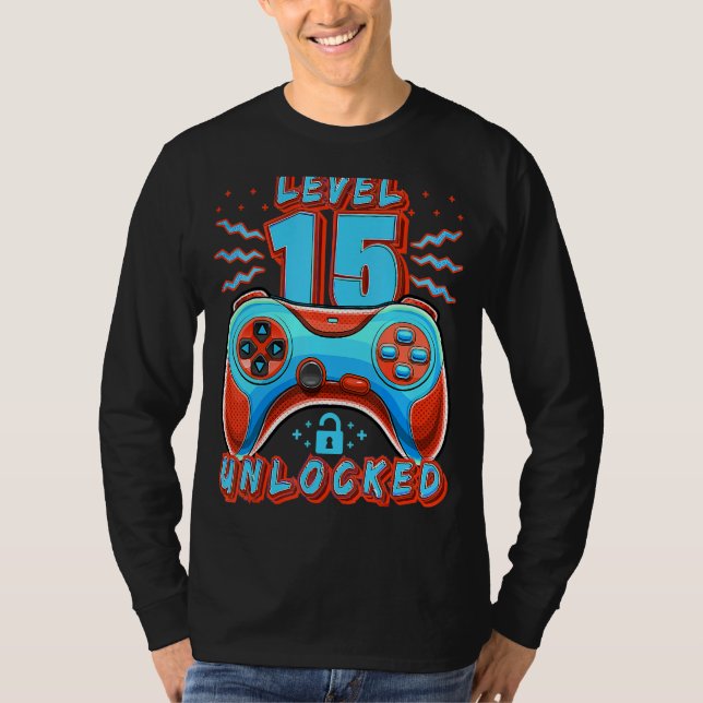 Camiseta Nível 15 15 de jogos de vídeo desbloqueados Aniver (Frente)