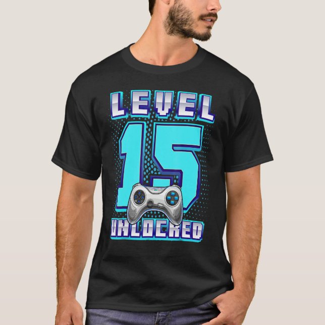 Camiseta Nível 15 15 de jogos de vídeo desbloqueados Aniver (Frente)