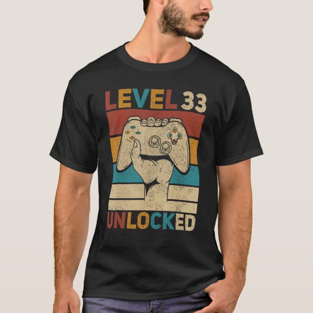 Camiseta Nível 33 Desbloqueado 33º Aniversário Gamer 33 Ano (Frente)
