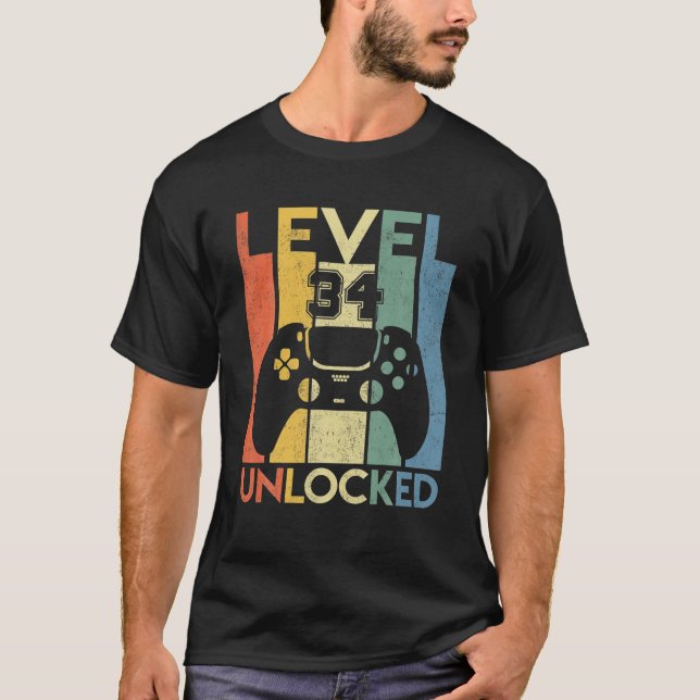 Camiseta Nível 34 Aniversário Desbloqueado Com 34 Anos É O  (Frente)