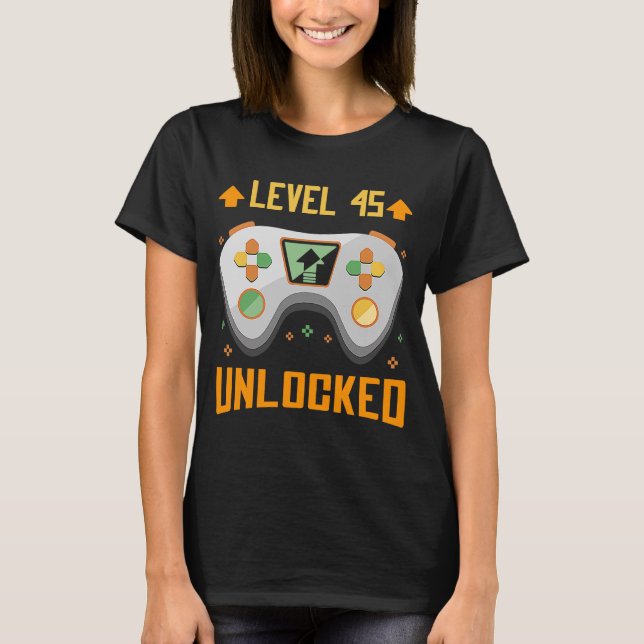 Camiseta Nível 45 Desbloqueado para Nascimento com 45 BDay, (Frente)