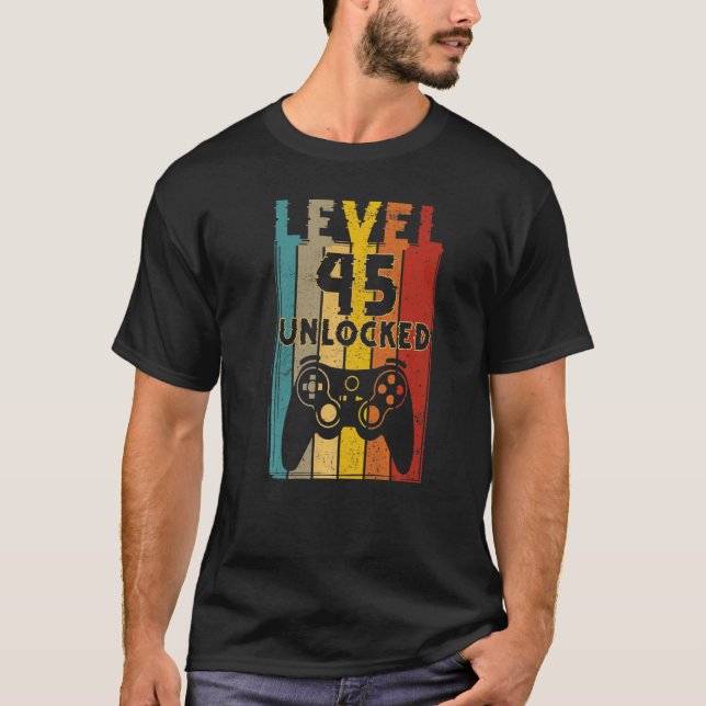 Camiseta Nível 45 Vídeo Gamer 45º Aniversário desbloqueado (Frente)