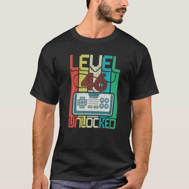 Camiseta Nível 46 Vídeo Gamer 46º Aniversário desbloqueado (Frente)
