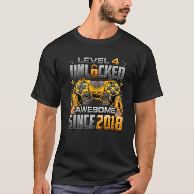Camiseta Nível 4 Desbloqueado Incrível Desde 2018 4º Aniver (Frente)