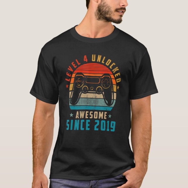 Camiseta Nível 4 Desbloqueado Incrível Desde 2019 4º Aniver (Frente)