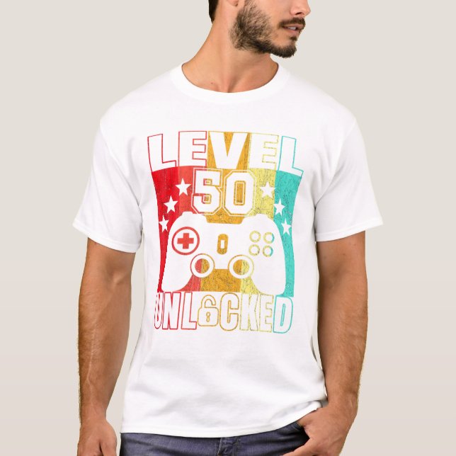Camiseta Nível 50 Desbloqueados 50 anos de BDay Men (Frente)