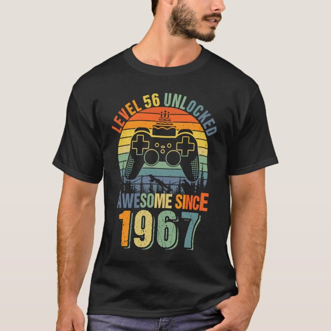Camiseta Nível 56 Desbloqueado 56º Aniversário Gamer 1967 B (Frente)