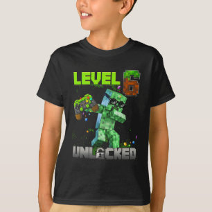 Camiseta Nível 6 Desbloqueado Divertido Menino de Aniversár