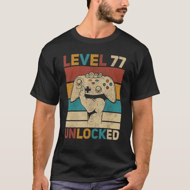Camiseta Nível 77 Desbloqueado 77º Aniversário Gamer 77 Ano (Frente)