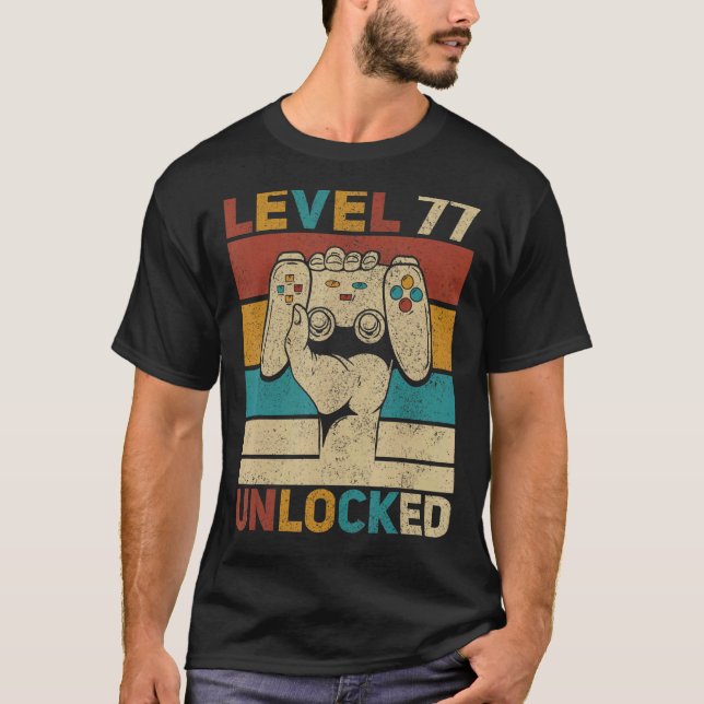 Camiseta Nível 77 Desbloqueado 77º Aniversário Gamer 77 Ano (Frente)