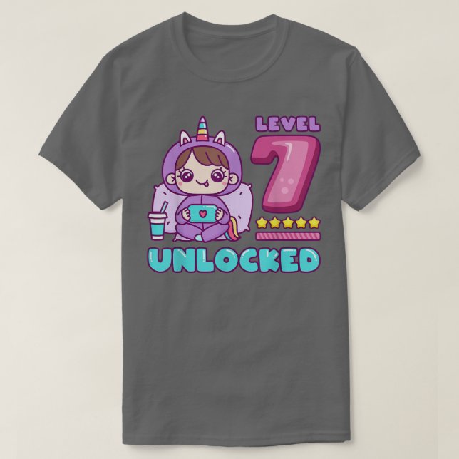 Camiseta Nível 7 desbloqueado, Unicorn Gamer Girl Birthday  (Frente do Design)