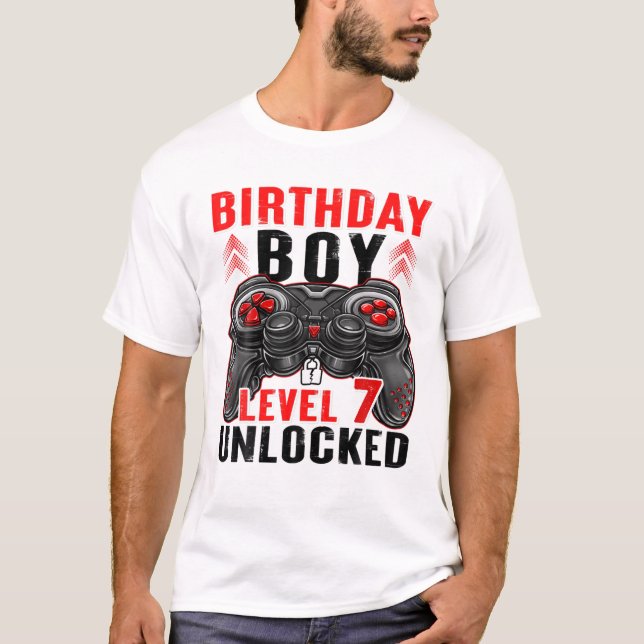 Camiseta Nível 7 Garoto de aniversário desbloqueado de 7 an (Frente)