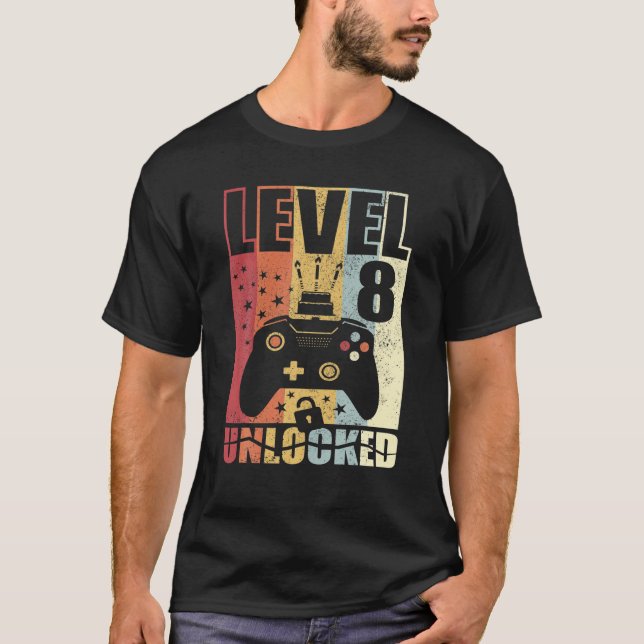 Camiseta Nível 8 De Aniversário Desbloqueado 8.º Aniversári (Frente)