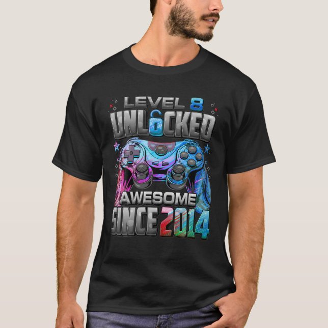 Camiseta Nível 8 Desbloqueado Incrível Desde 2014 8º Aniver (Frente)