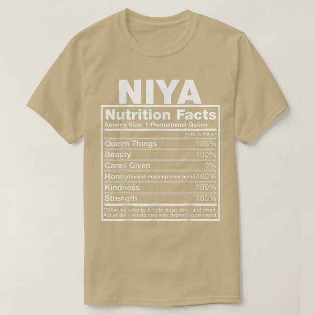 Camiseta Niya Nutrition FactsNiya Name Birthday (Frente do Design)
