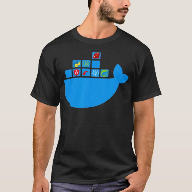Camiseta Nó de Reação do Docker Ruby Rail Python Hackathon  (Frente)