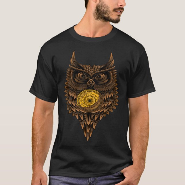 Camiseta Nó geométrico Sensível de Coruja Steampunk (Frente)