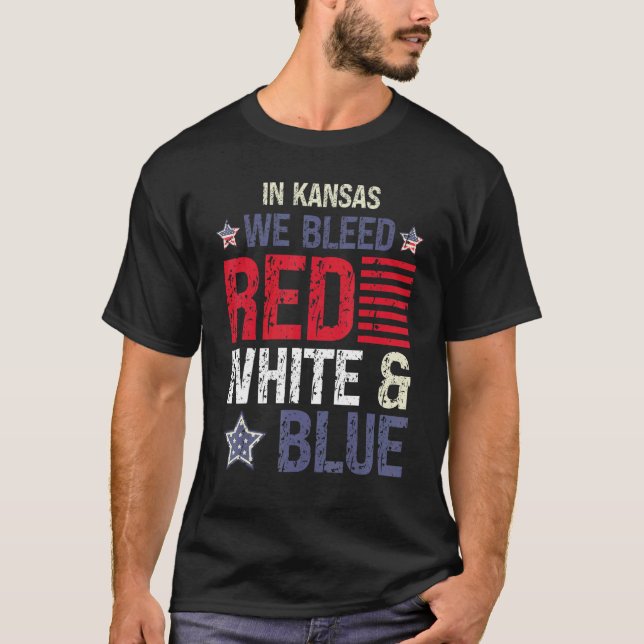 Camiseta No Kansas, sangramos branco vermelho e azul 4 de j (Frente)
