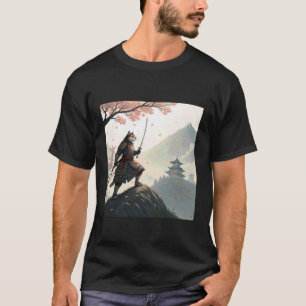 Camiseta Nobre Gato Samurai com Katana Entre Pétalas