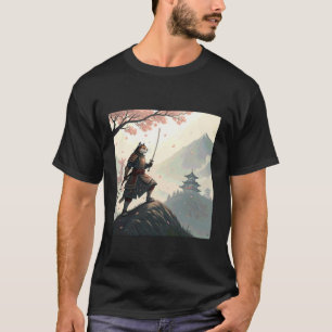 Camiseta Nobre Gato Samurai com Katana Entre Pétalas