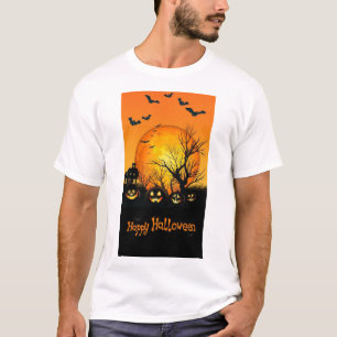 Camiseta Noite Assombrada de Halloween com Lua Cheia, Abóbo