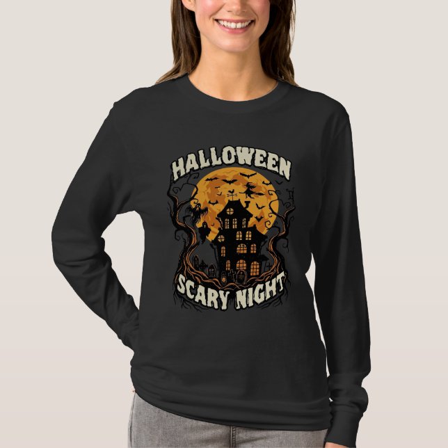 Camiseta Noite Assustadora de Halloween Casa Assombrada Lua (Frente)