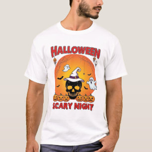Camiseta Noite Assustadora de Halloween Caveira Bruxa Abóbo