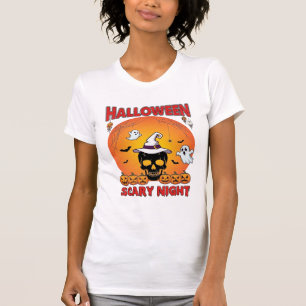 Camiseta Noite Assustadora de Halloween Caveira Bruxa Abóbo
