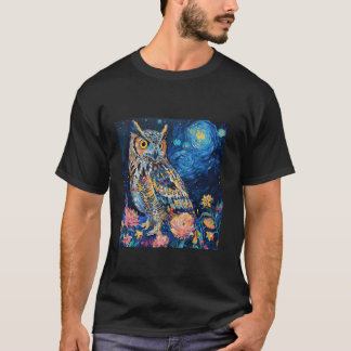 Camiseta Noite Coruja Van Gogh Estilo de Pintura Decoração