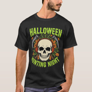 Camiseta Noite de Caça de Halloween Desenho Vetorial Caveir