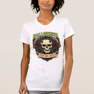Camiseta Noite de Caça de Halloween Rosas de Caveira Cornud