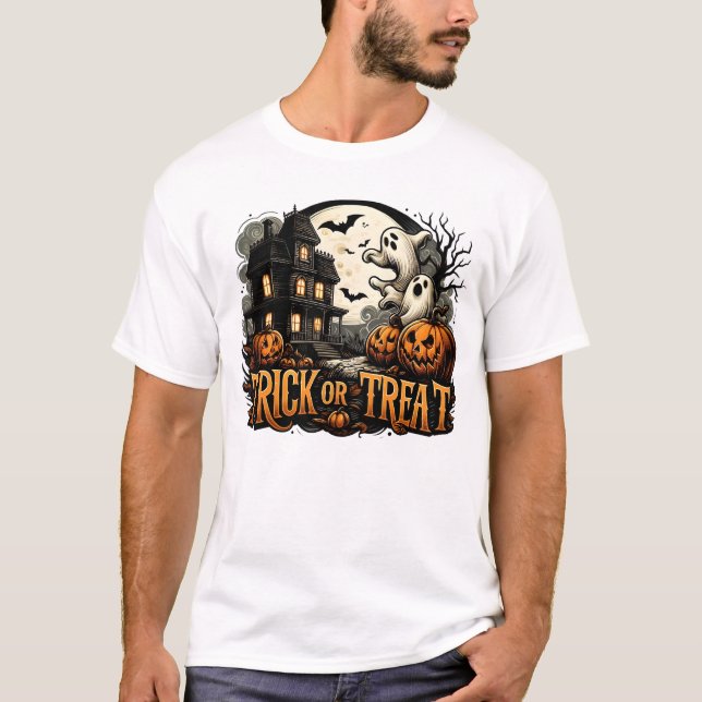 Camiseta Noite de Dia das Bruxas assustadora com fantasmas  (Frente)