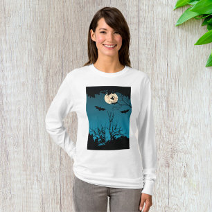 Camiseta Noite de Dia das Bruxas Cheia Lua e Morcegos Voado