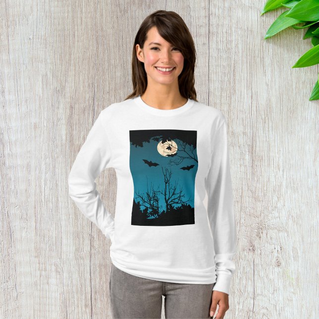 Camiseta Noite de Dia das Bruxas Cheia Lua e Morcegos Voado (Criador carregado)