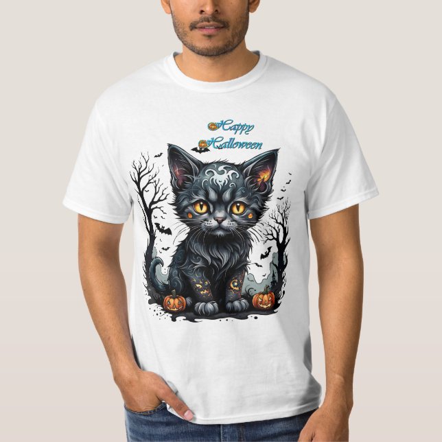 Camiseta Noite de Halloween com gatinho e abóboras. (Frente)