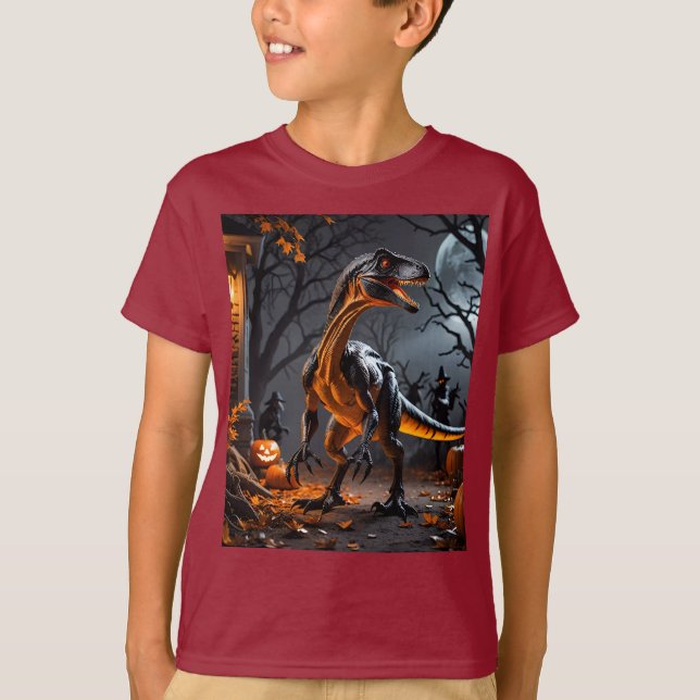 Camiseta Noite De Halloween Com Velociraptor (Frente)