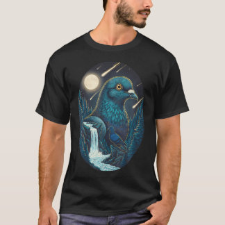 Camiseta Noite de Pombo Céu Lua Meteoro Arte Pássaro Nature