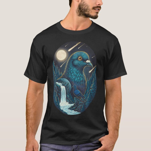 Camiseta Noite de Pombo Céu Lua Meteoro Arte Pássaro Nature (Frente)