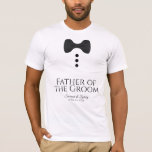 Camiseta Noite de ternô de Casamento de Tie Negra<br><div class="desc">Estas camisetas divertidas são desenhadas como favores ou presentes para o pai do noivo. A t-shirt é branca e apresenta uma imagem de uma gravata preta de arco e três botões. O texto lê Pai do noivo, e tem um lugar para o nome do casal do casamento e a data...</div>