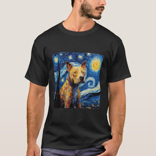 Camiseta Noite Estrelada De Pitbull Para Pai De Cães (Frente)