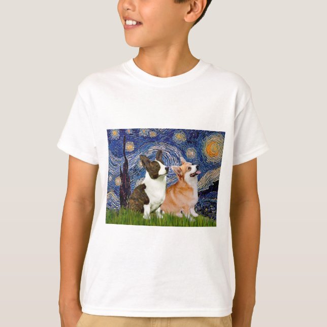 Camiseta Noite Estrelada - Dois Corgis Welsh (C + P) (Frente)