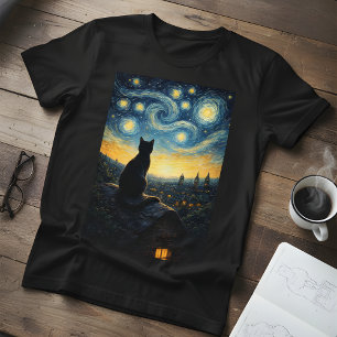 Camiseta Noite Estrelada dos Homens  Gato Preto & Céu Girat
